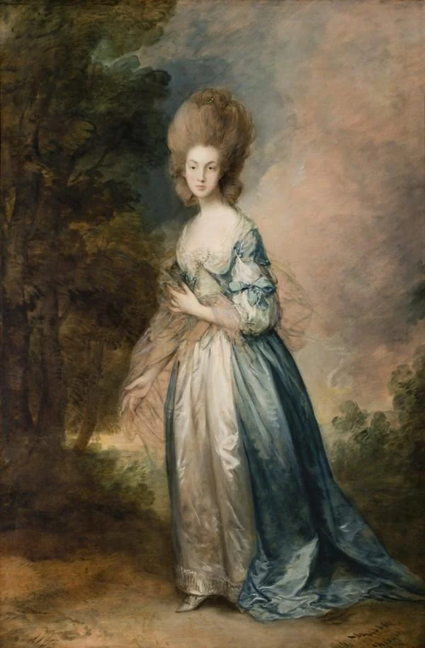 Portrait of Selina Thistlethwayte of Norman Court, full-length in blue and white dress, detail