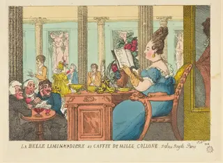 La Belle Limonaudiere au Cafe des Mille Colonnes, Palais Royal, Paris, by Thomas Rowlandson, ink, 1814