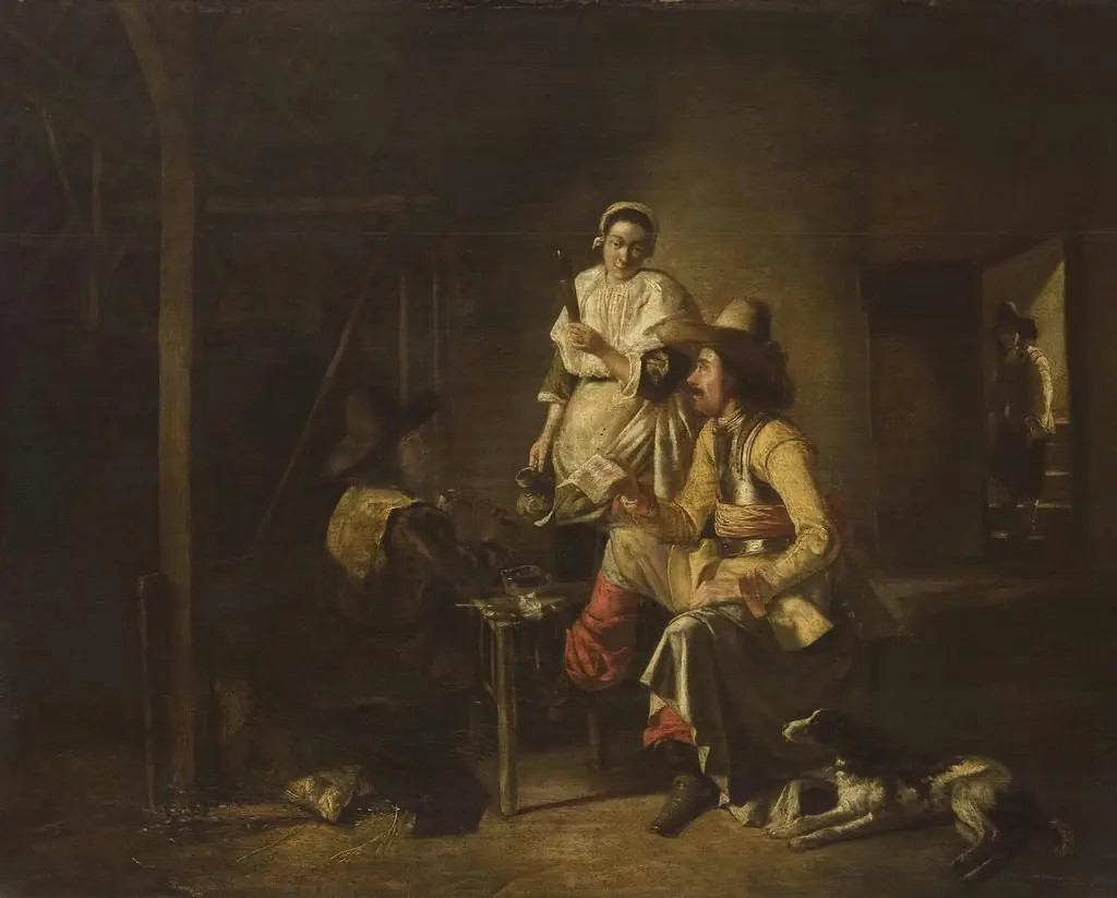 Soldiers with a Serving Maid in a Barn, by Pieter de Hooch, oil, 1652