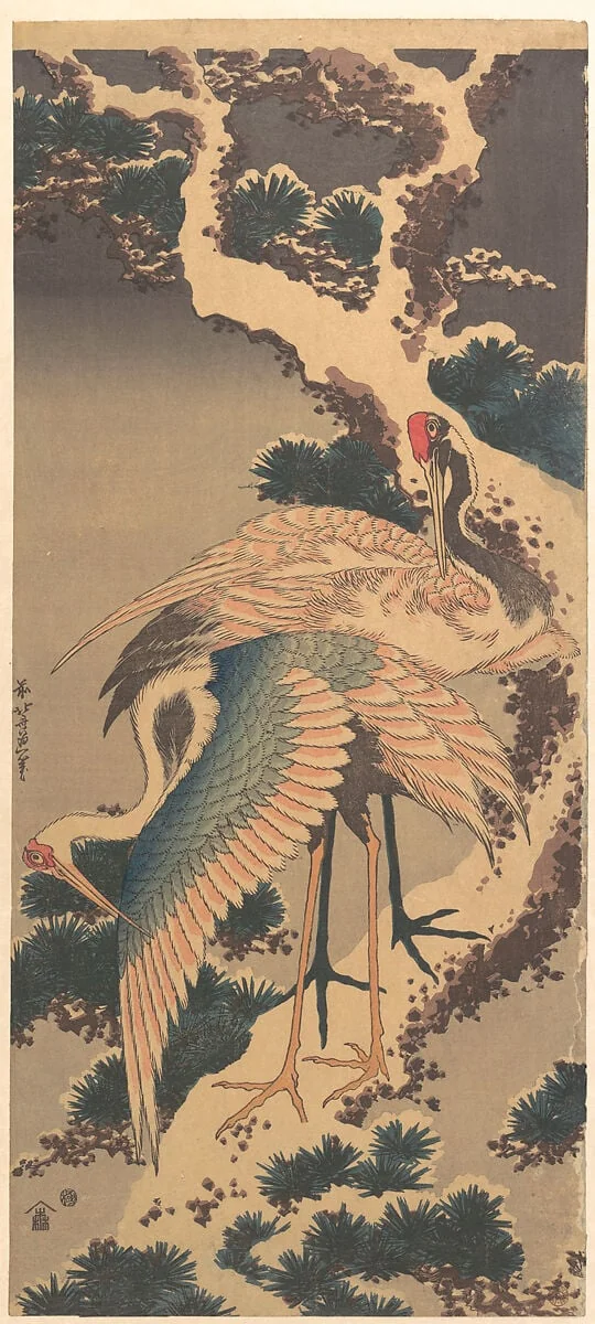 雪松に鶴|Cranes on Branch of Snow-covered Pine, detail