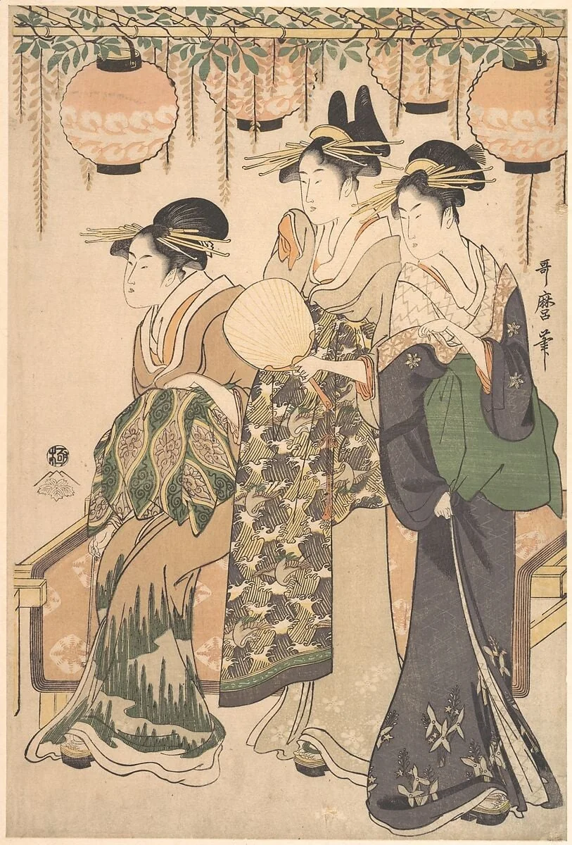藤棚下の遊女たち|Courtesans Beneath a Wisteria Arbor (Fuji dana shita no yūjo tachi), detail
