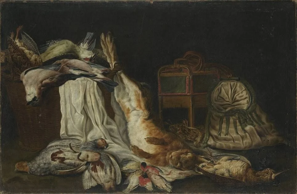 Hunting still life with a hare, two partridges and other birds, detail