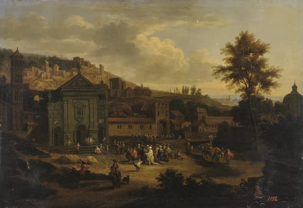 Square in a Seaside Town, by Adriaen Frans Boudewyns, oil, 1675