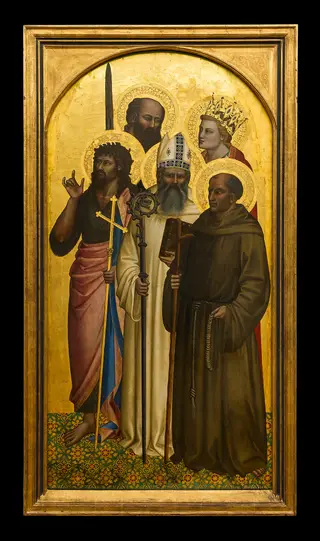 the Saints John the Baptist, Egidius, Gerard of Villamagna, Paul and Catherine (or Miniato), by Nardo di Cione, oil, 1350