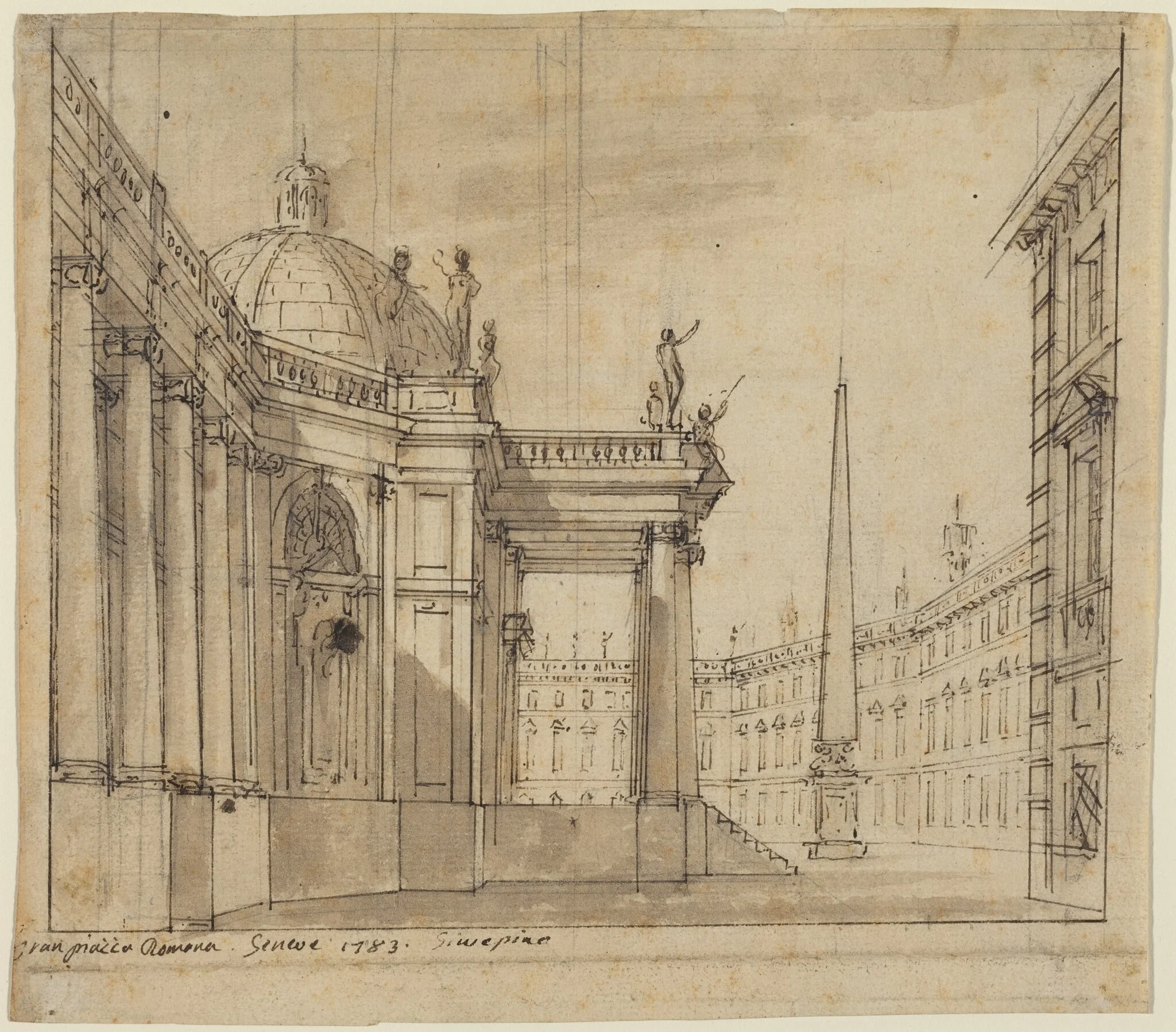 Stage Design: A Piazza with a Domed Church and an Obelisk, detail