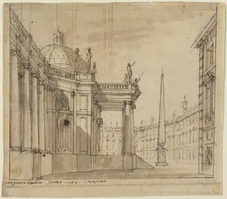 Stage Design: A Piazza with a Domed Church and an Obelisk, by Giuseppino Galliari, ink, 1783