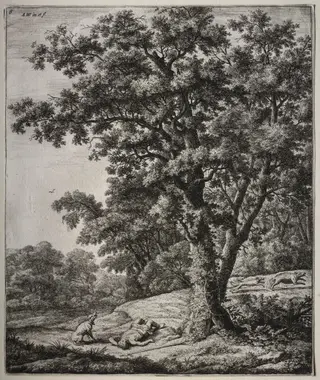 Six large upright landscapes with scenes from Ovid's Metamorphoses: The Death of Adonis, by Anthonie Waterloo, 1665