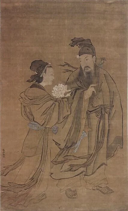 清 佚名 傳崔子忠 呂洞賓戯牡丹仙子 軸|Lȕ Dongbin and the Spirit of the Peony, detail