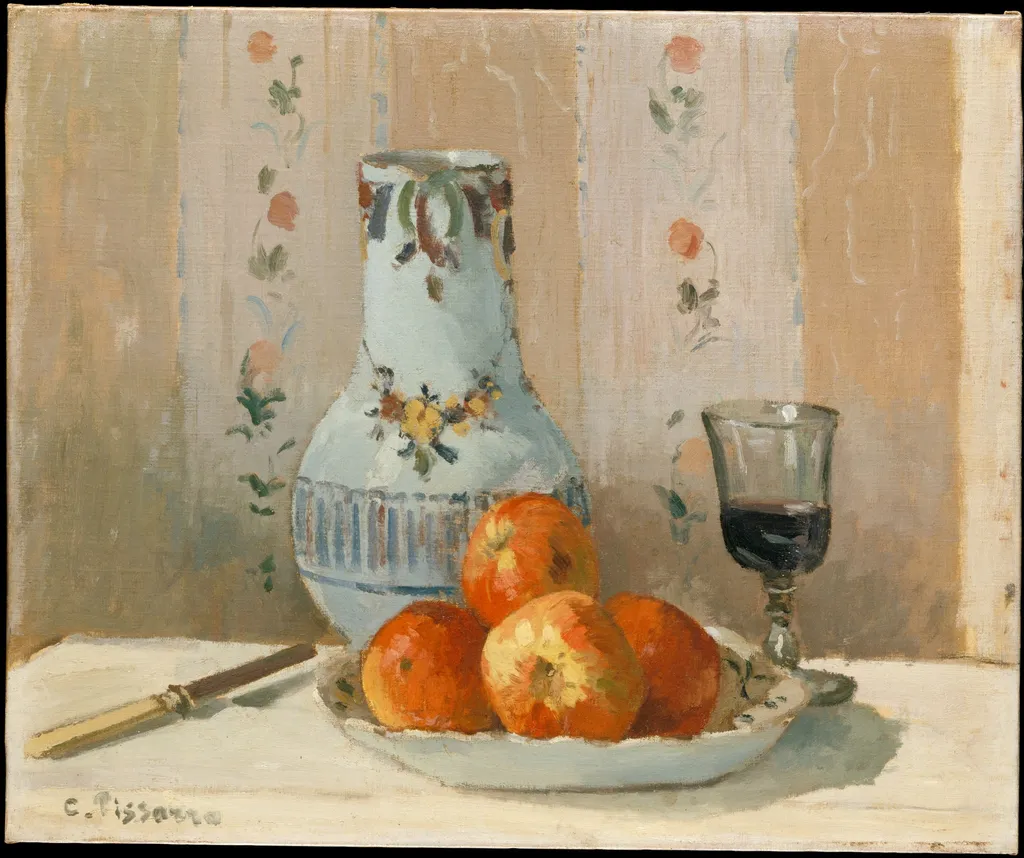 'Ghâtaignier' Apples and Glazed Earthenware on a Table, by Camille Pissarro, oil, 1872