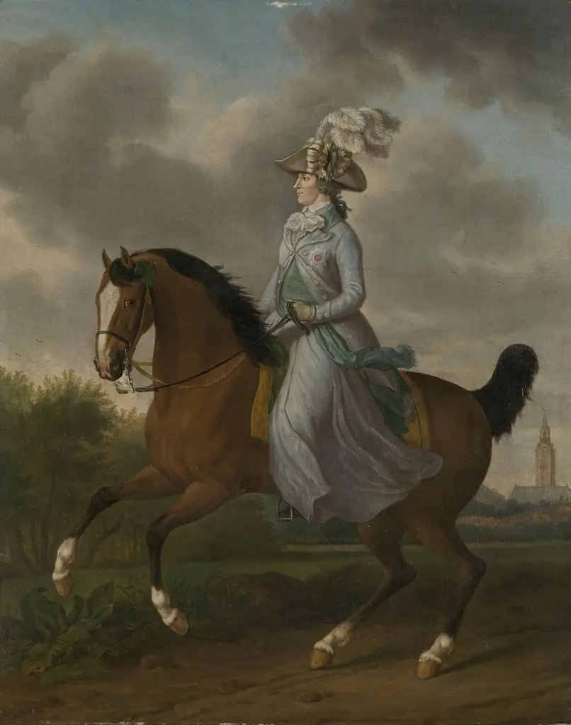 Equestrian Portrait of Wilhelmina of Prussia, Consort of Prince William V (Frederika Sophia Wilhelmina), by Tethart Philipp Christian Haag, oil, 1795