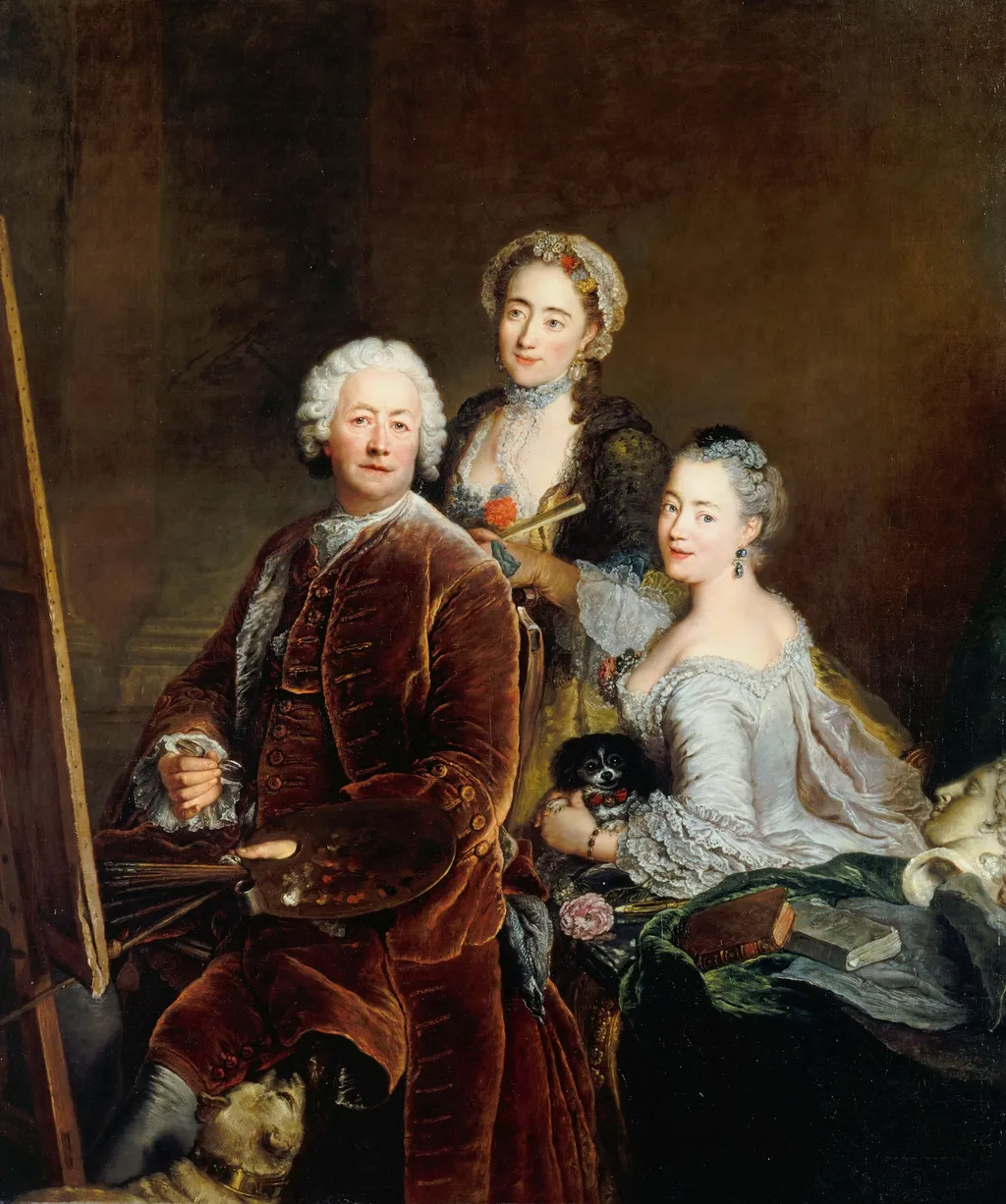 Self-portrait with Daughters Henriette Joyard and Marie de Rège in front of the easel, by Antoine Pesne, oil, 1754