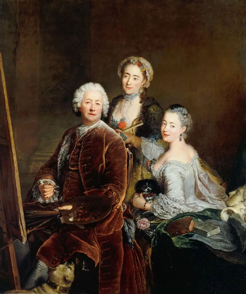 Self-portrait with Daughters Henriette Joyard and Marie de Rège in front of the easel, by Antoine Pesne, oil, 1754
