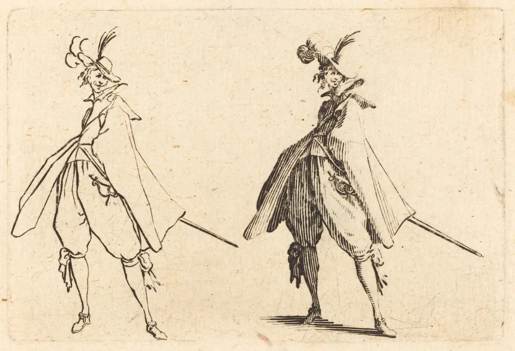 Gentleman in Large Mantle, Front View, by Jacques Callot, ink, 1622