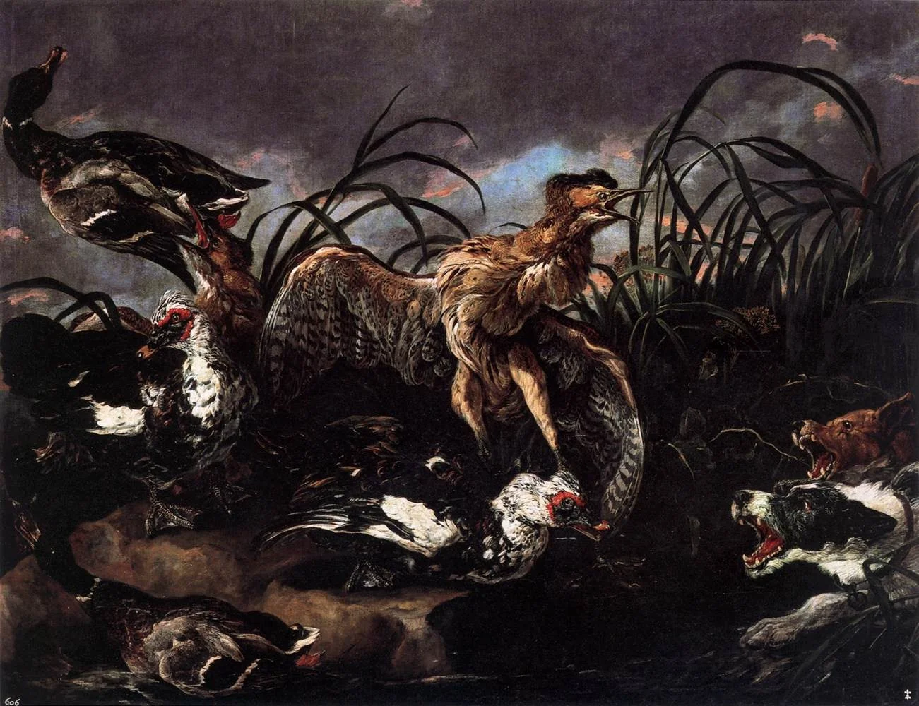 Ducks and Water Hens Surprised by Dogs, detail