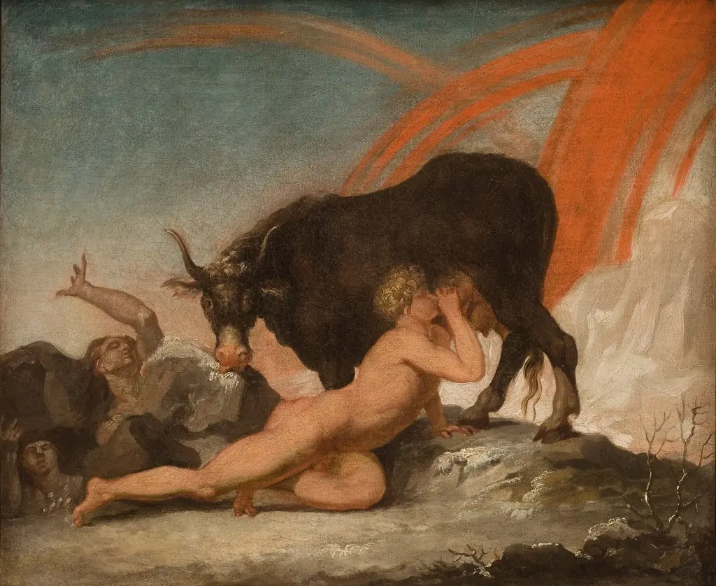 Ymir Suckling the Cow Audhumla, by Nicolai Abildgaard, oil, 1789