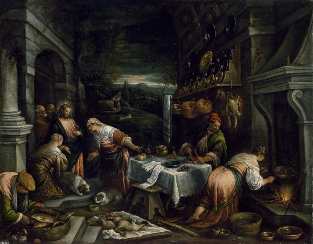 Christ in the House of Mary, Martha, and Lazarus, by Jacopo Bassano, oil, 1589