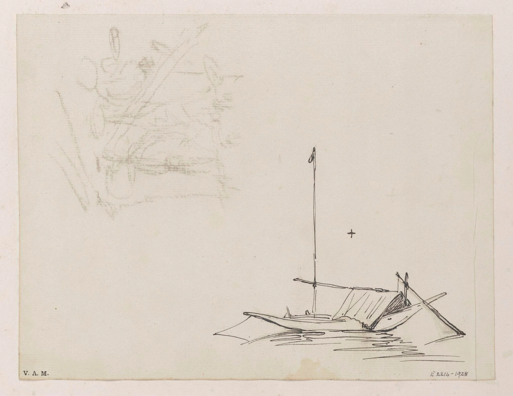 Two drawings: a small tethered boat, and a sketch of figures with utensils, detail