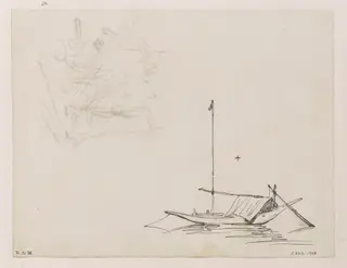 Two drawings: a small tethered boat, and a sketch of figures with utensils, by George Chinnery, 16