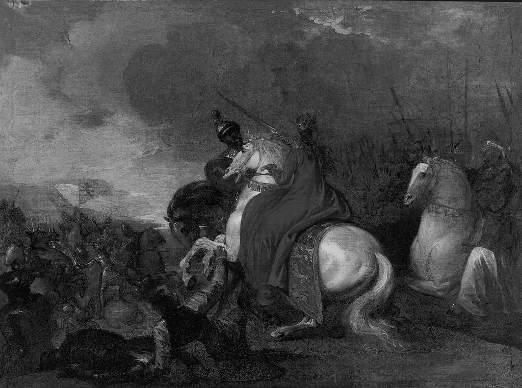 Queen Philippa at the Battle of Neville's Cross, by Benjamin West, oil, 1795