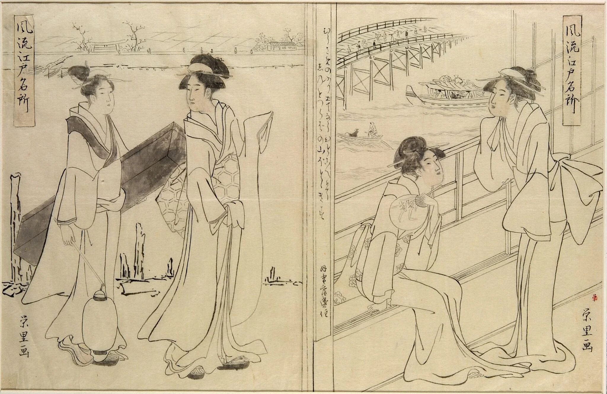 Two pairs of beauties - one at a window, the other taking a walk, detail