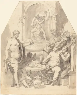Without Ceres and Bacchus, Venus Freezes, by Johann Matthias Kager, ink, 1594