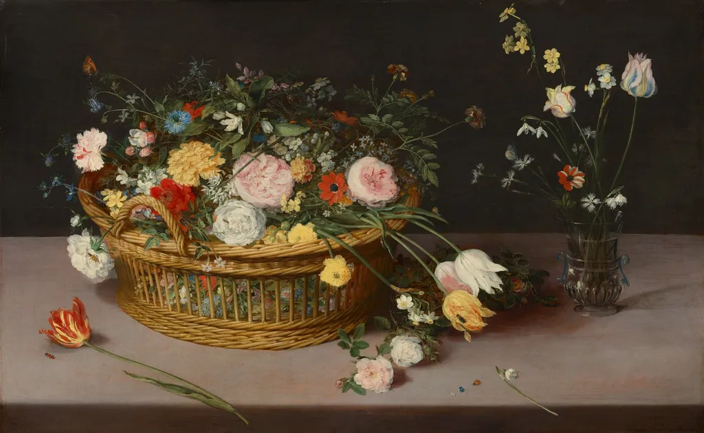 Flowers in a Basket and a Vase, by Jan Brueghel, the elder, oil, 1615