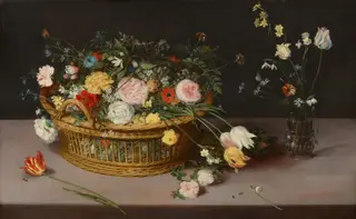 Flowers in a Basket and a Vase, by Jan Brueghel, the elder, oil, 1615