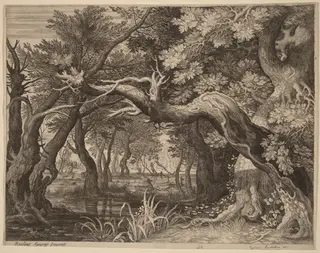 Stag Hunt near a Pool, by Aegidius Sadeler II, ink, 1600