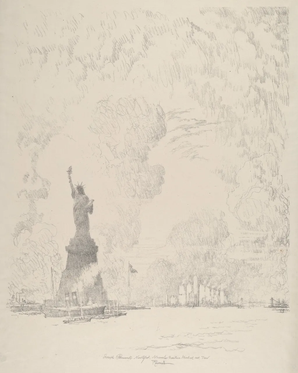 The Statue, New York Bay, by Joseph Pennell, ink, 1910