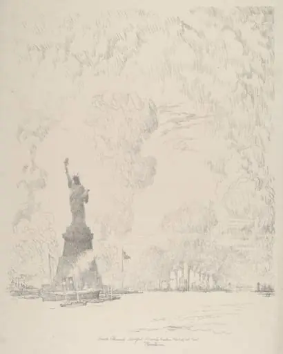 The Statue, New York Bay, by Joseph Pennell, ink, 1910