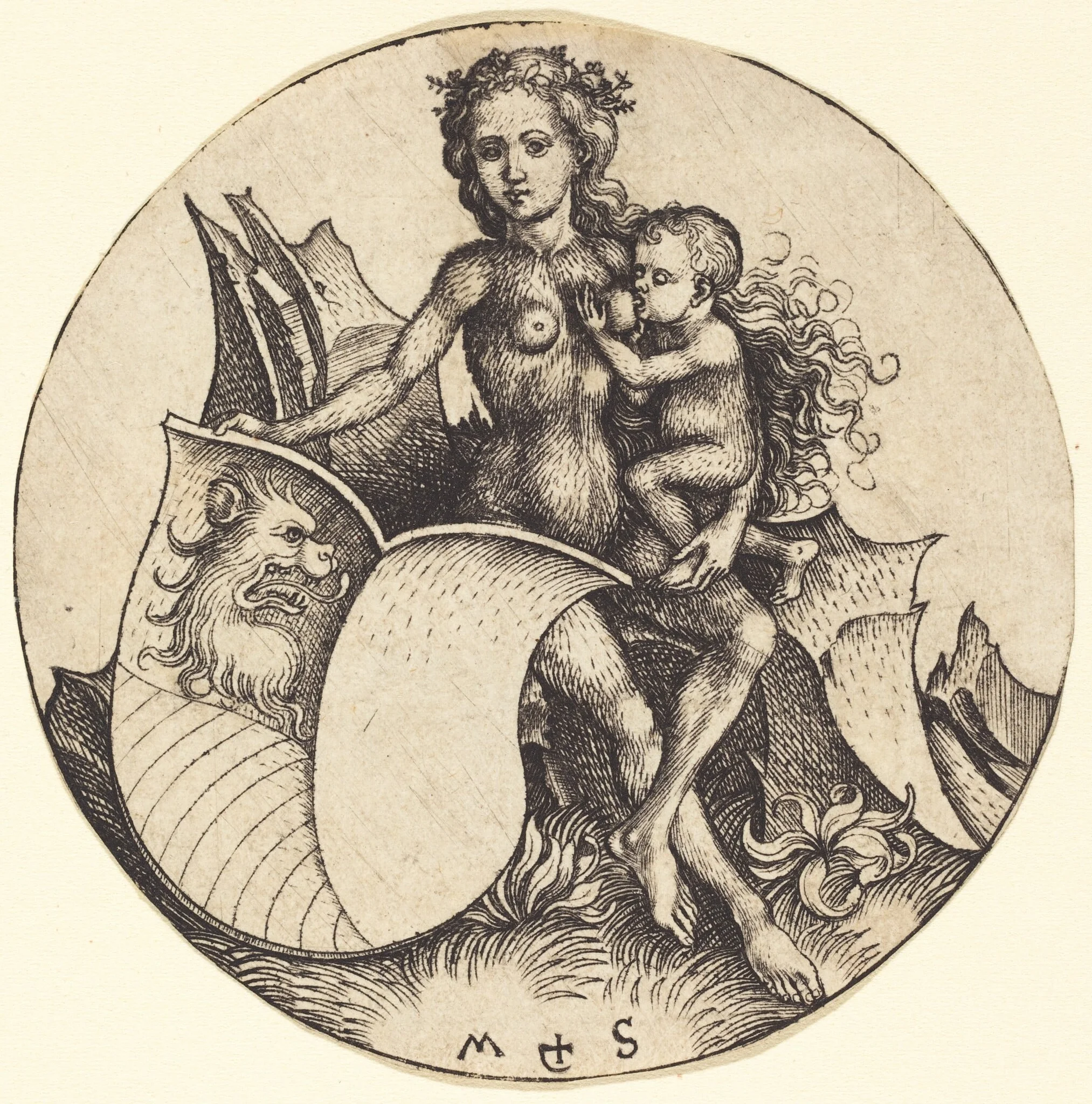 Shield with Lion's Head, Held by Wild Woman, detail