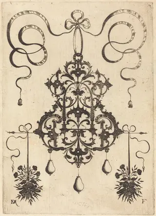 Large Pendant, Lower Left and Right Two Bunches of Grass, Flowers, and Fruit, by Daniel Mignot, ink, 1596