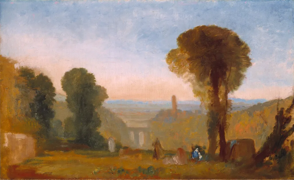 Italian Landscape with Bridge and Tower, by Joseph Mallord William Turner, oil, 1827