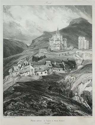 Voyages pittoresques et romantiques dans l'ancienne France, Auvergne:  Abside de l'église de Saint Nectaire, by Eugène Isabey, 1831