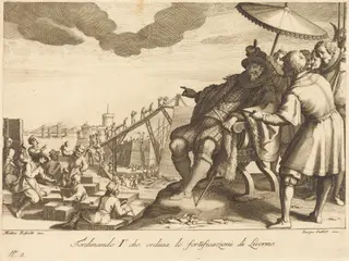 Construction and Fortification of the Port of Livorno, by Jacques Callot, ink, 1614