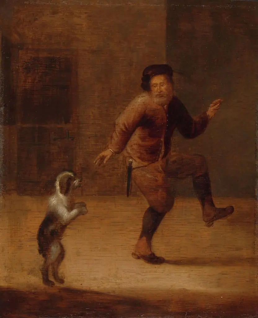 A man dancing with a dog, by François Verwilt, oil, 1650