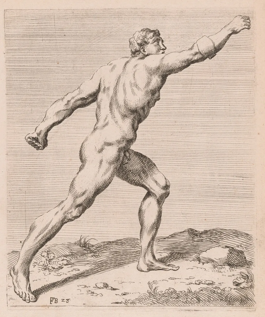 The Borghese Gladiator, side view, turned to right [plate 28], by François Perrier, ink, 1638