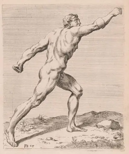 The Borghese Gladiator, side view, turned to right [plate 28], by François Perrier, ink, 1638