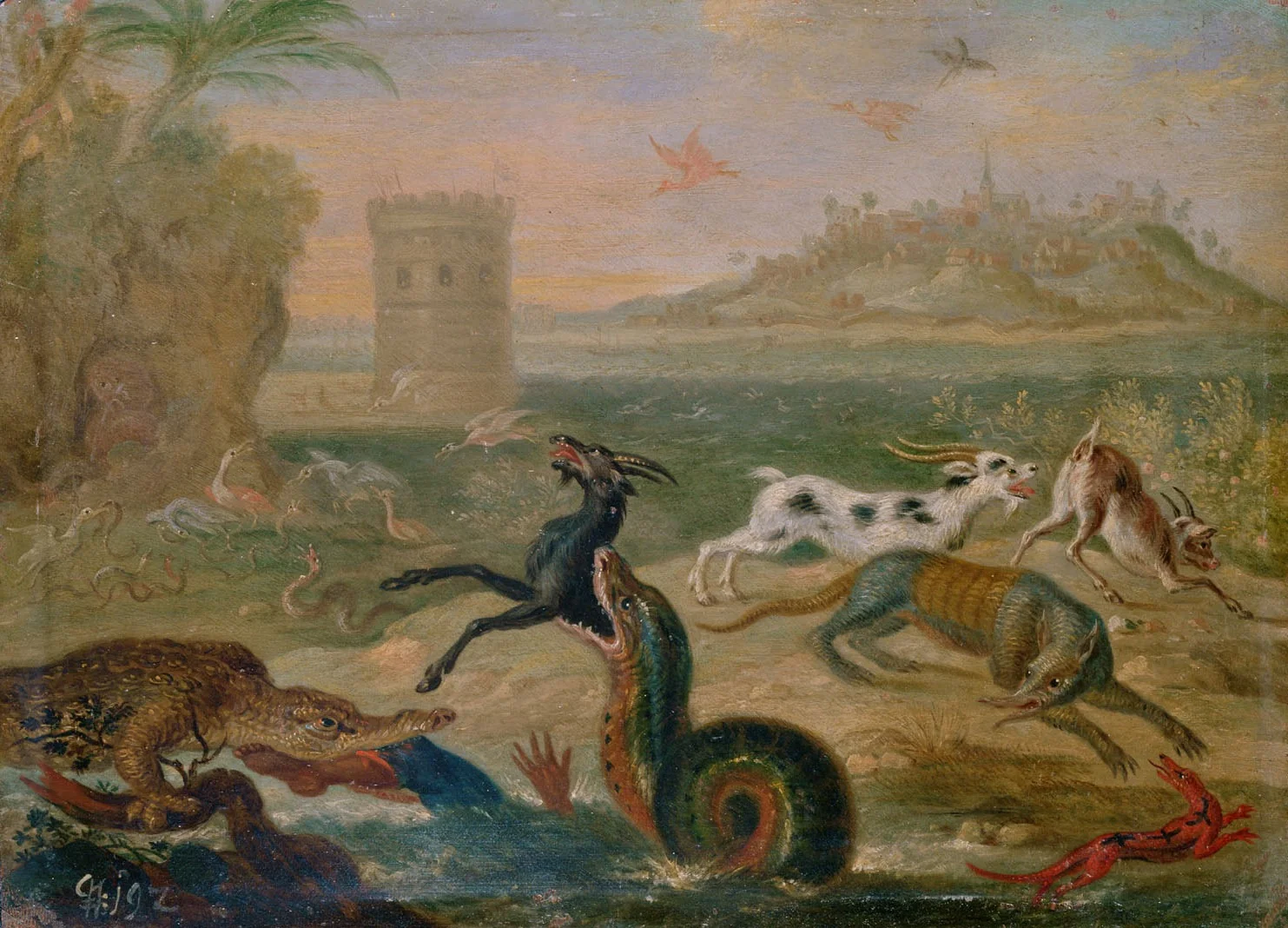 Ansichten aus den vier Weltteilen mit Szenen von Tieren: Olinda (Pernambuco, Brasilien), detail