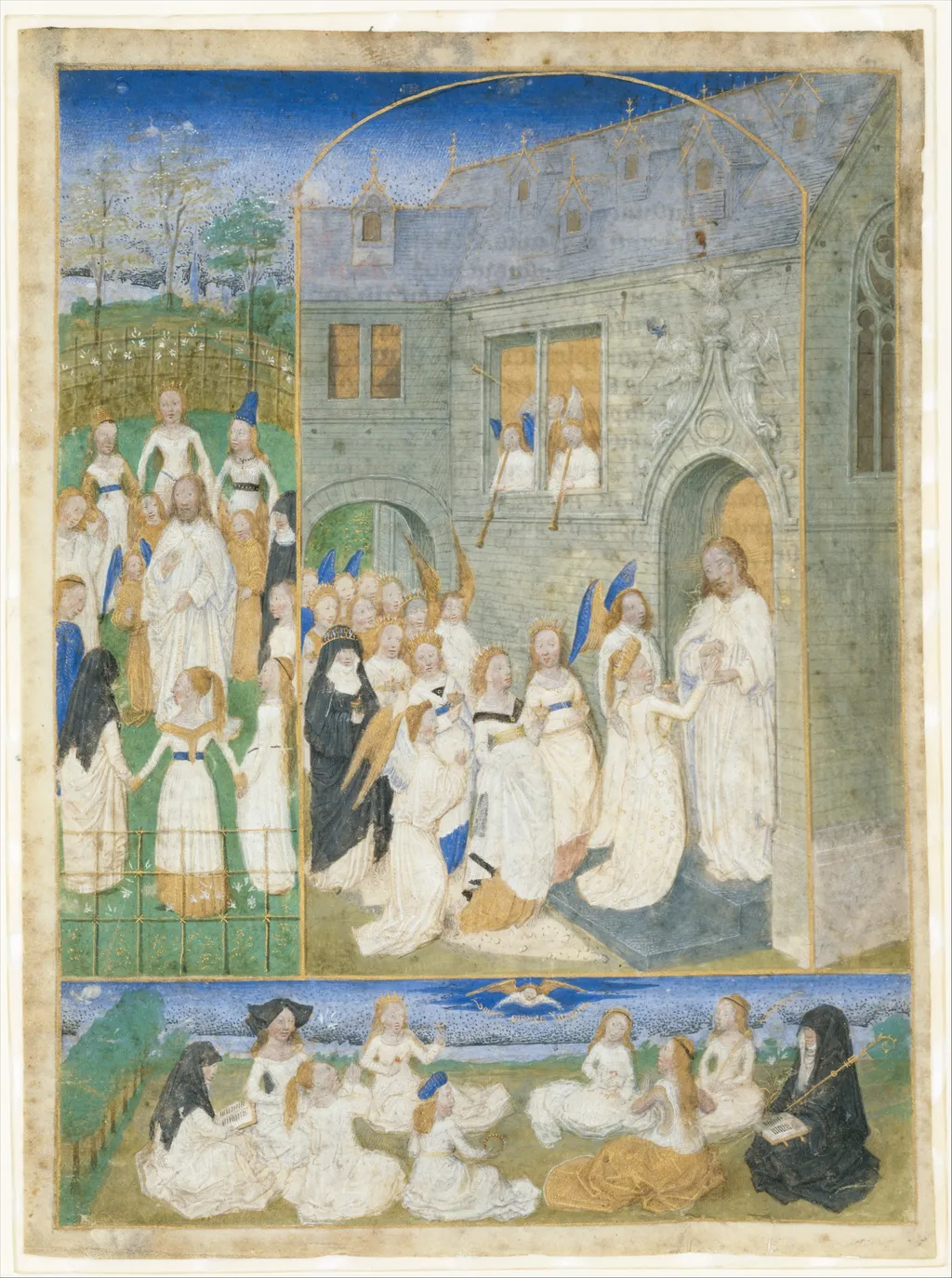 The Holy Virgins Greeted by Christ as They Enter the Gates of Paradise, by Simon Marmion, tempera, 1467