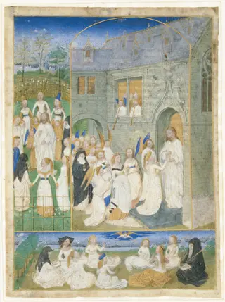 The Holy Virgins Greeted by Christ as They Enter the Gates of Paradise, by Simon Marmion, tempera, 1467