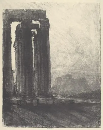 Temple of Jupiter, Evening, by Joseph Pennell, ink, 1913