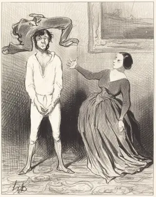 Une Femme comme moi... remettre un bouton?..., by Honoré Daumier, ink, 1844