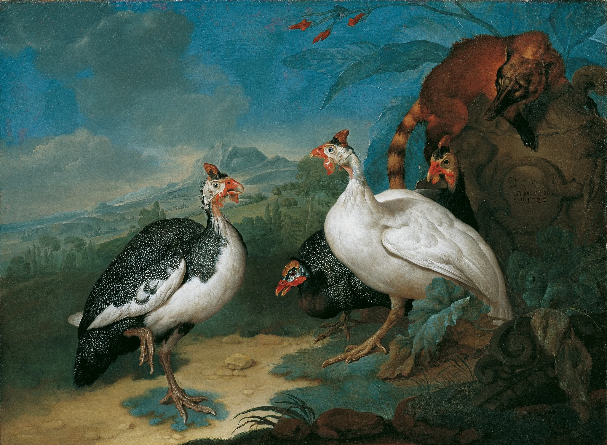 Perlhühner und Nasenbär, detail