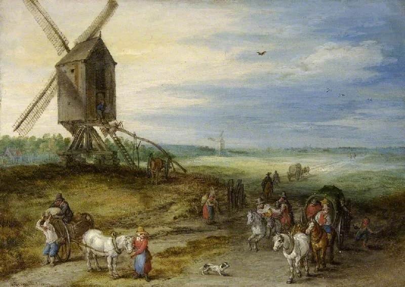 Landscape with mill and carts, detail