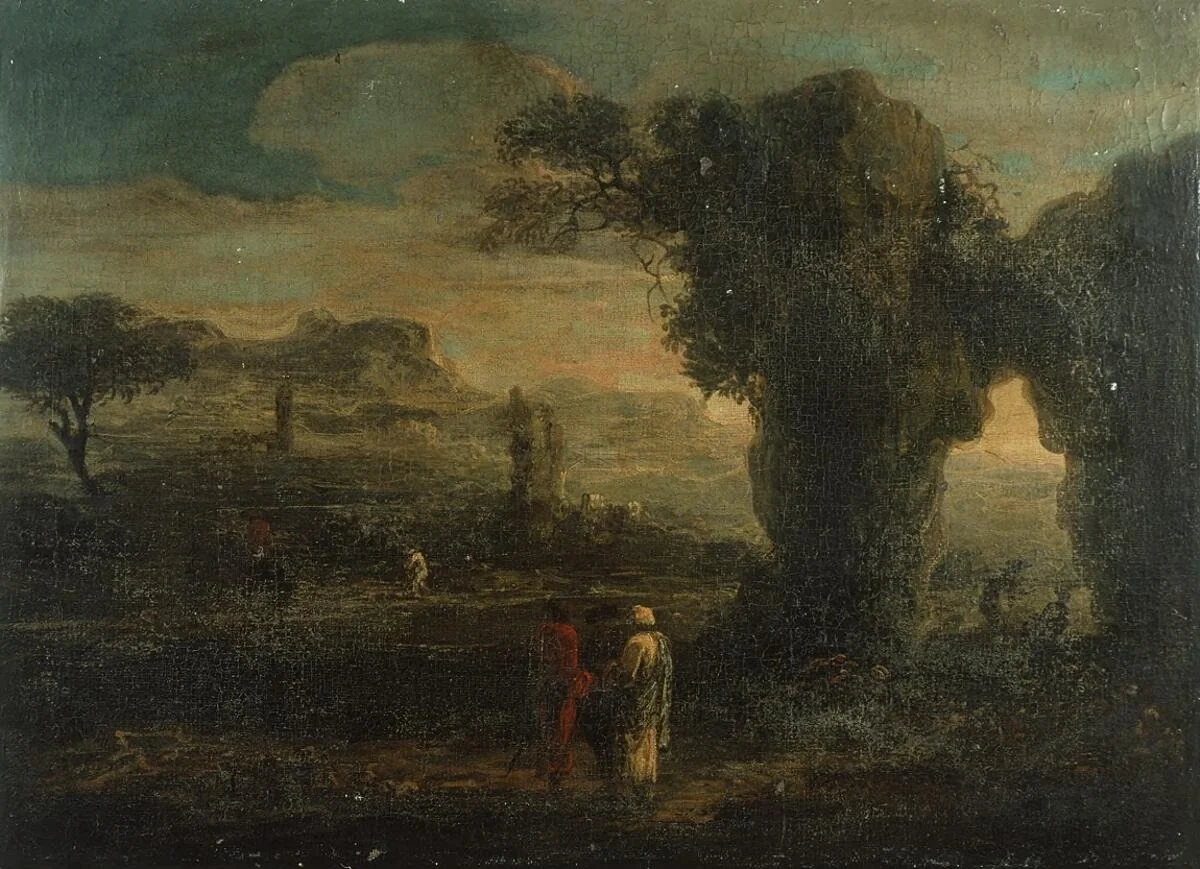 Rocky landscape with three travellers, detail