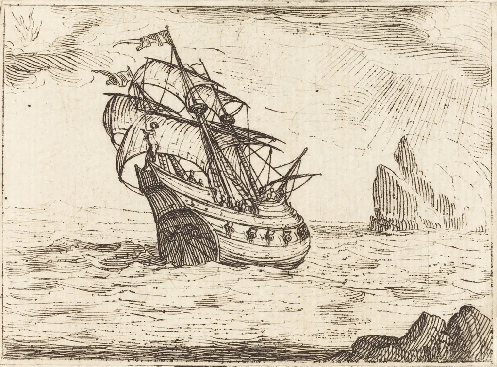 Ship Navigating Near Rocks, by Jacques Callot, ink, 1628