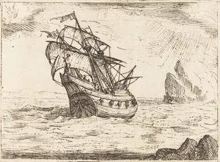 Ship Navigating Near Rocks, by Jacques Callot, ink, 1628