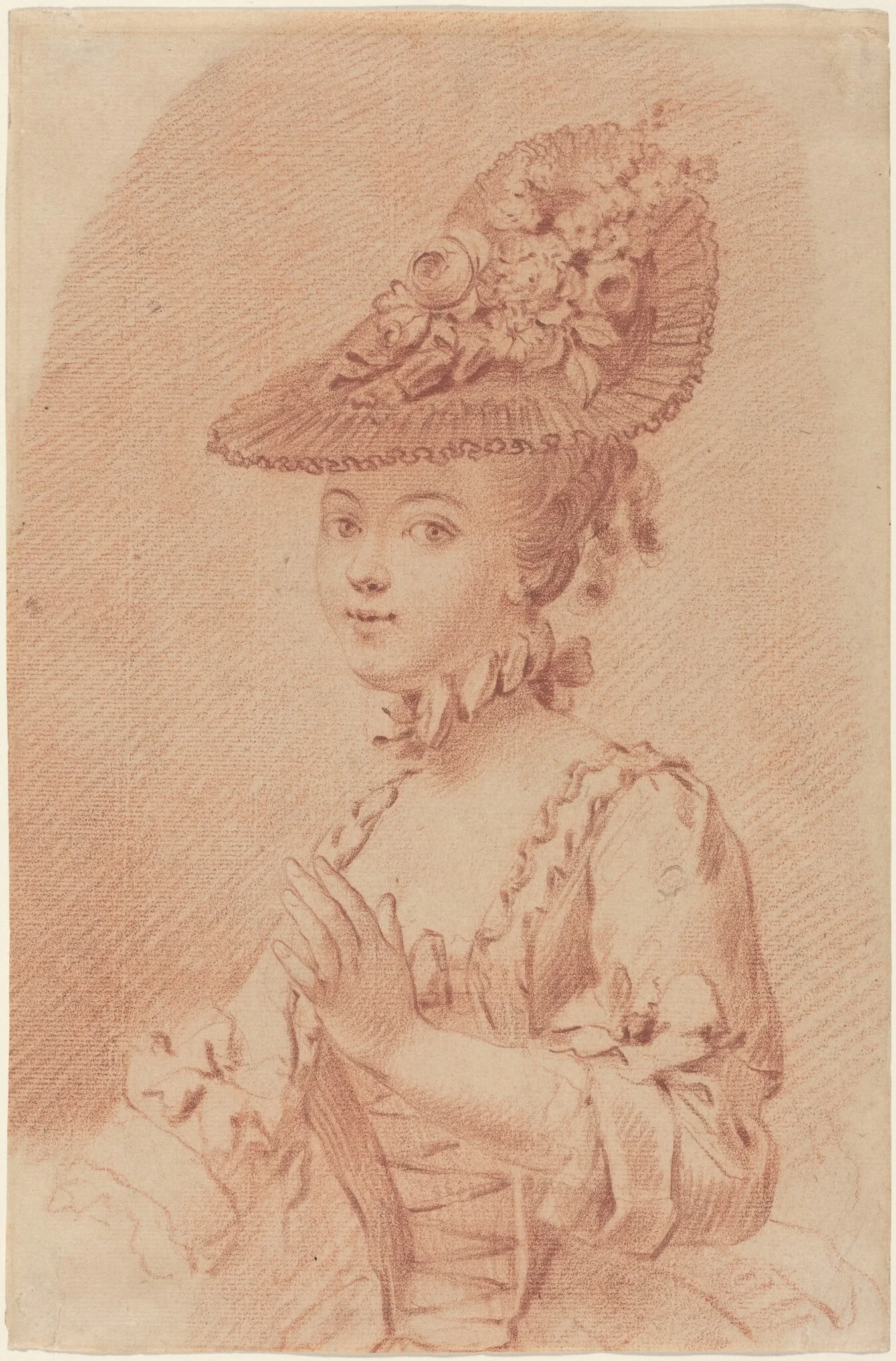 A Young Girl Wearing a Flowered Hat, detail