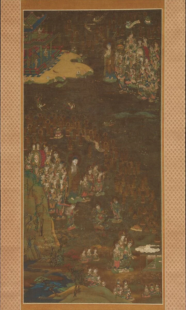 迎接曼荼羅図|Descent and Return of Amida to Western Paradise with a Believer's Soul (Gōshō mandara), detail